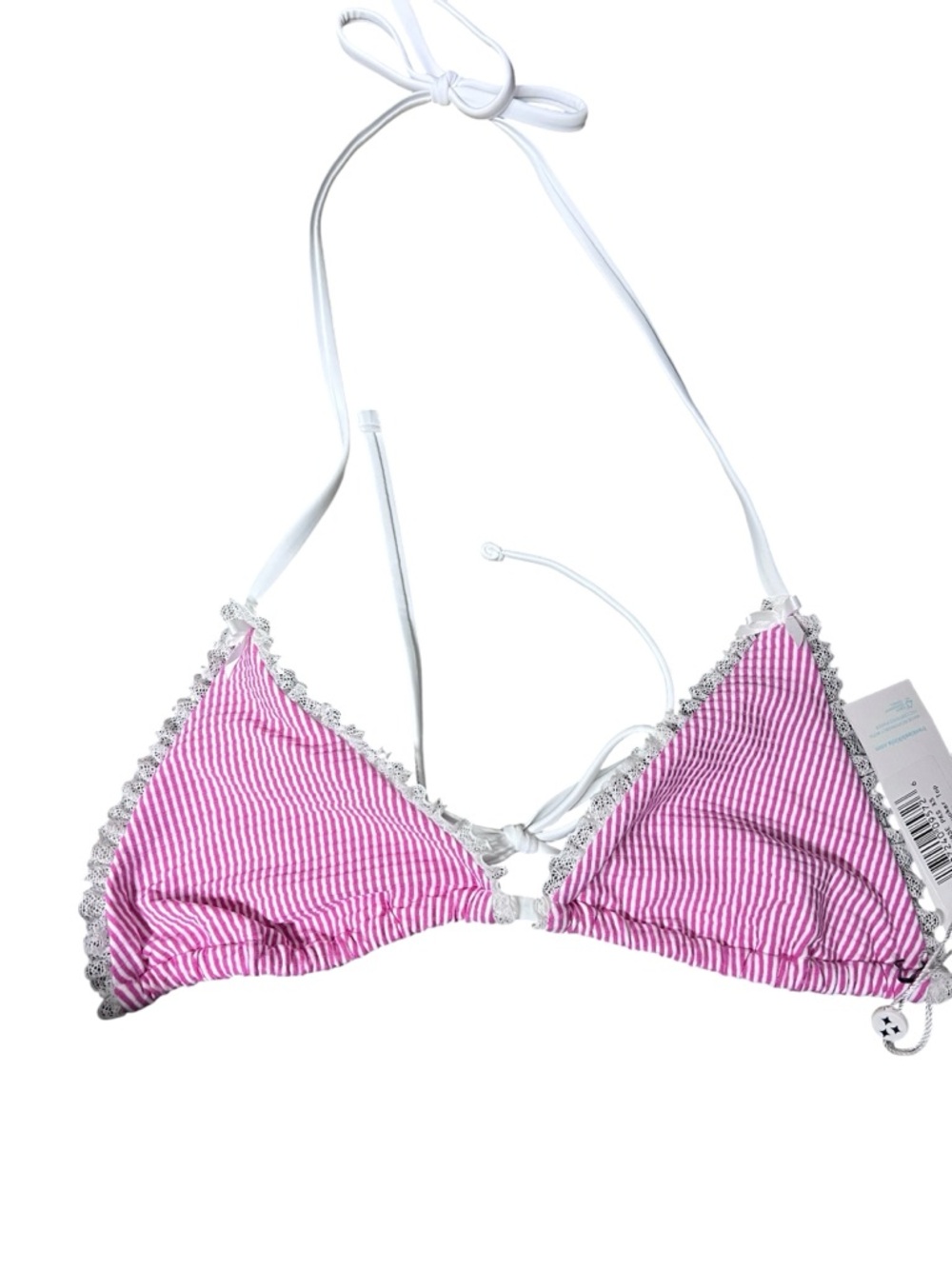 New Frankies Bikinis Pink Seersucker Triangle Bikini Top with White Ruffle Trim